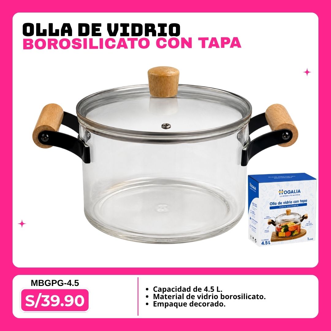 OLLA DE VIDRIO BOROSILICATO CON TAPA 4.5L